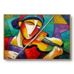 Cubist painting of a violinist fractured into red, yellow, purple and teal geometric blocks, natural wood frame