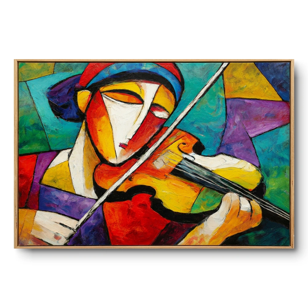 harmony-in-color-modern-abstract-violin-painting-monavo-processed Cubist painting of a violinist fractured into red, yellow, purple and teal geometric blocks, natural wood frame