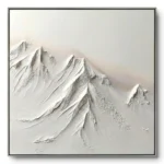 Heavily textured off-white plaster mountain landscape in raised impasto relief, thin silver frame, soft blush horizon glow.