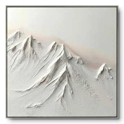 Heavily textured off-white plaster mountain landscape in raised impasto relief, thin silver frame, soft blush horizon glow.