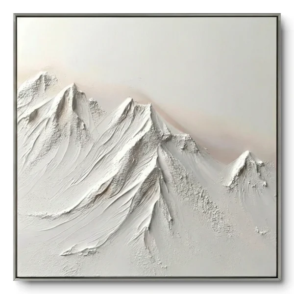 Heavily textured off-white plaster mountain landscape in raised impasto relief, thin silver frame, soft blush horizon glow.