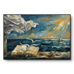 Surreal painting of an open book with pages transforming into flying seagulls over the sea, black frame, signed