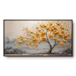 Textured painting of a golden-yellow blossom tree against a grey city skyline, dark wood frame, panoramic