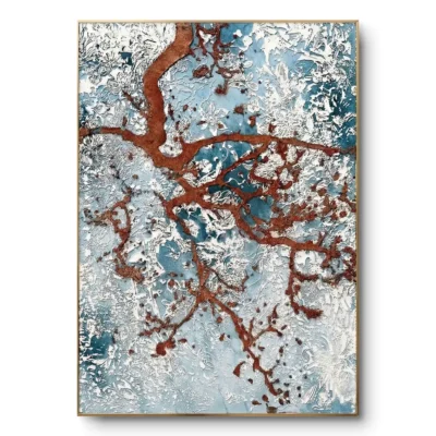 Abstract textured painting of copper-brown branching roots on an icy blue-white ground, natural wood frame