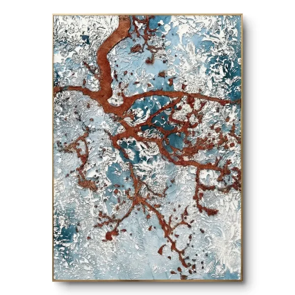 Abstract textured painting of copper-brown branching roots on an icy blue-white ground, natural wood frame