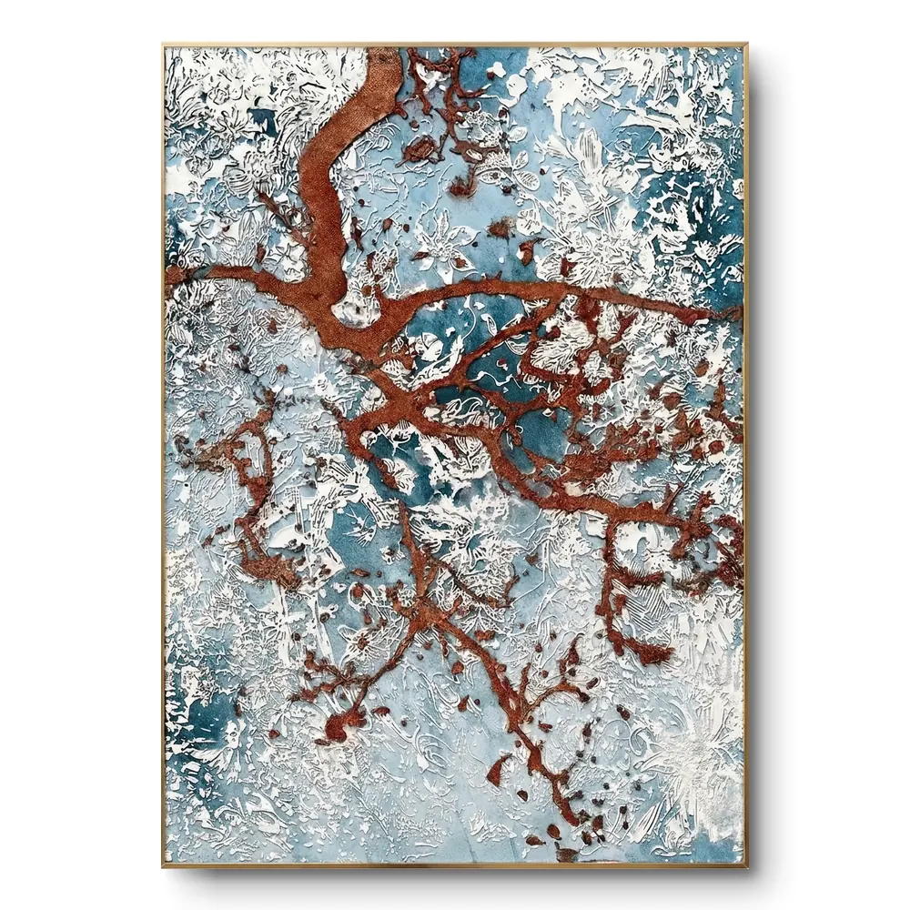 Abstract textured painting of copper-brown branching roots on an icy blue-white ground, natural wood frame