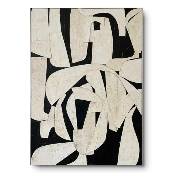 Abstract painting of curved cream cut-paper-like organic shapes against solid black, thin silver-grey frame