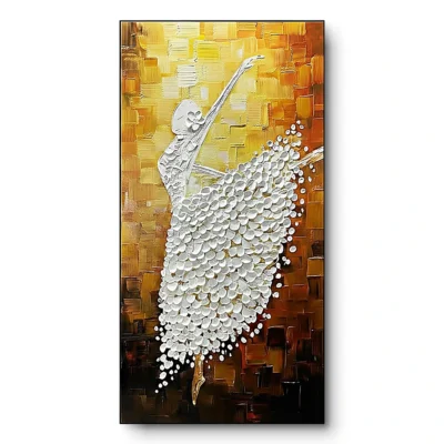 Textured painting of a ballerina with a raised arm, tutu built from pearl-like white and silver beads, golden-brown mosaic ground, black frame