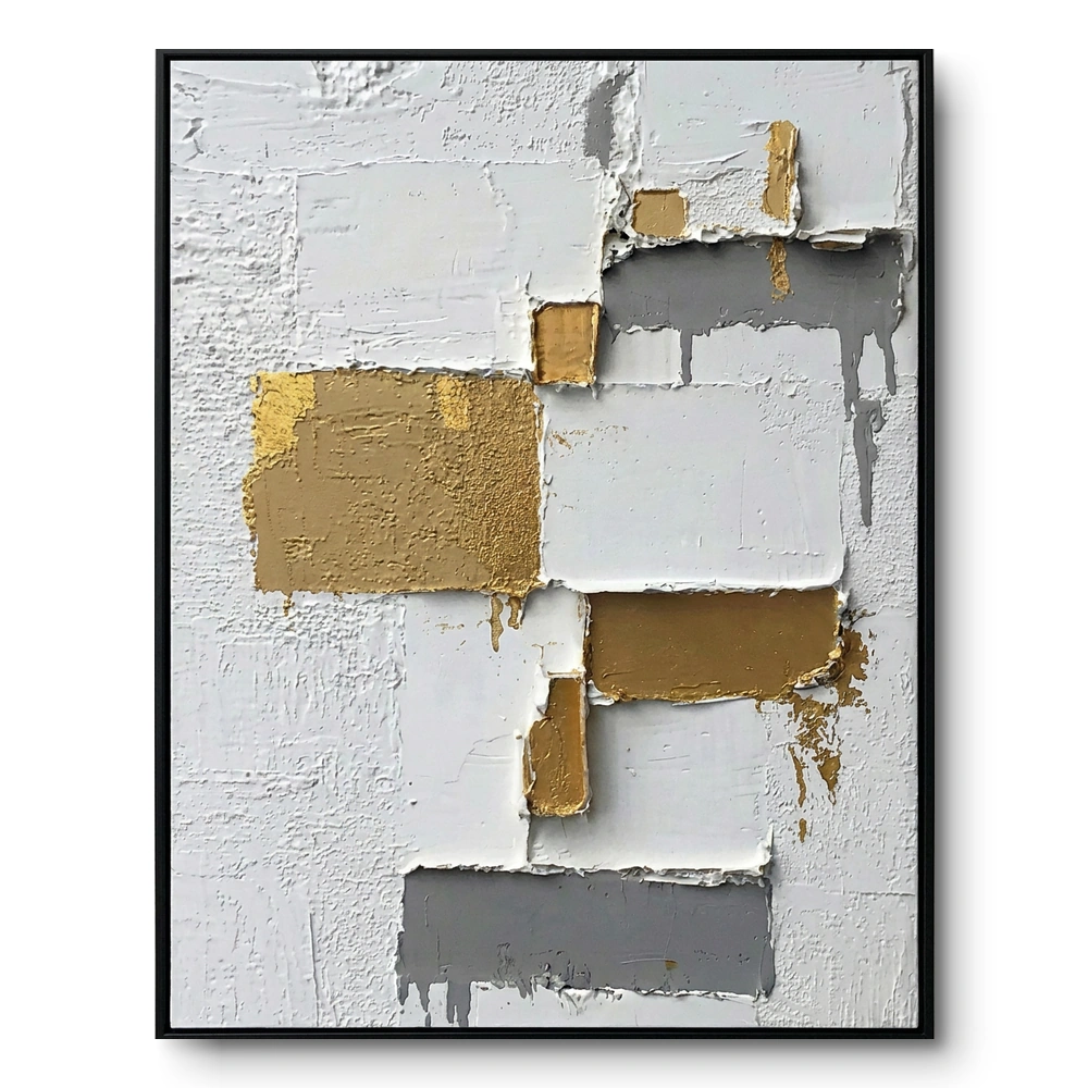 metropolitan-gold-blocky-grey-gold-white-art-abstract-art-monavo-processed Abstract painting of gold leaf rectangular blocks over raised white plaster with grey drips, black frame
