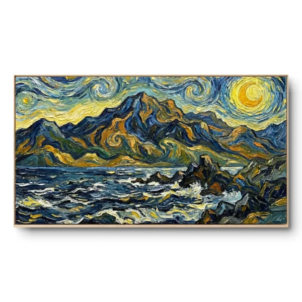 Textured painting of a swirling blue and gold night sky over mountains and a turbulent sea, natural wood frame, panoramic