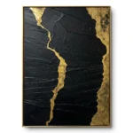 Textured painting of a vertical gold crack running through a solid black ground, kintsugi-style, gold thin frame