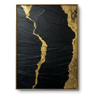 Textured painting of a vertical gold crack running through a solid black ground, kintsugi-style, gold thin frame
