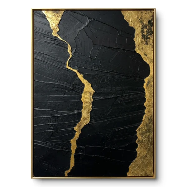 Textured painting of a vertical gold crack running through a solid black ground, kintsugi-style, gold thin frame