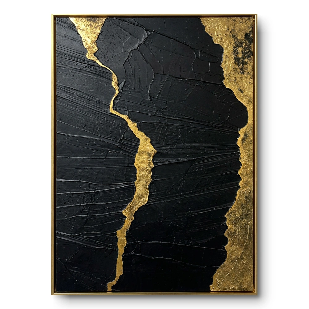 Textured painting of a vertical gold crack running through a solid black ground, kintsugi-style, gold thin frame