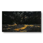 Textured painting of a glossy black ocean with a drifting gold splash trail and scattered speckles, silver-grey thin frame, panoramic