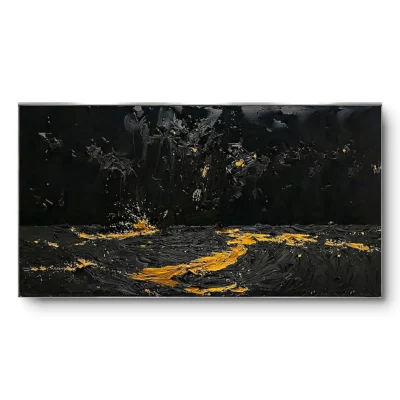 Textured painting of a glossy black ocean with a drifting gold splash trail and scattered speckles, silver-grey thin frame, panoramic