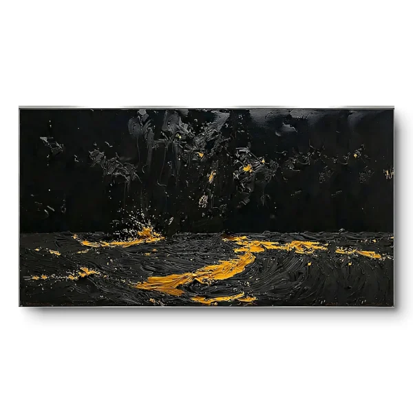 Textured painting of a glossy black ocean with a drifting gold splash trail and scattered speckles, silver-grey thin frame, panoramic