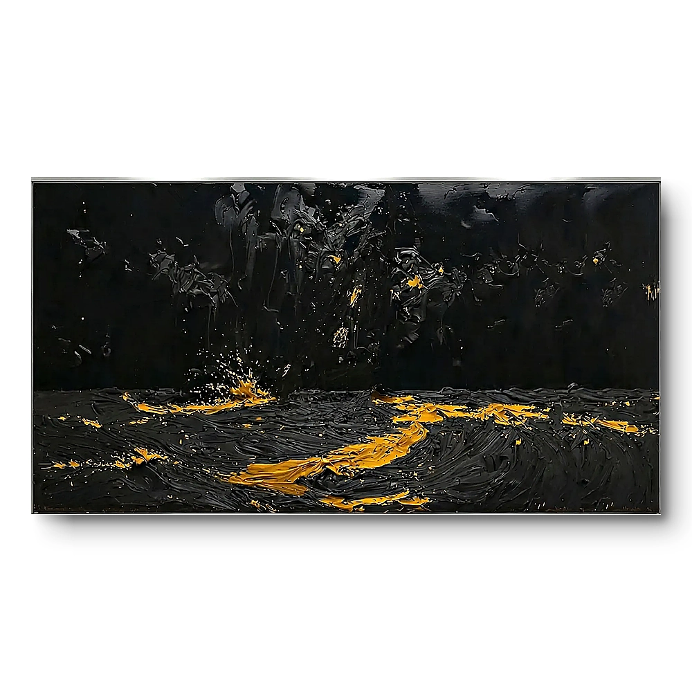Textured painting of a glossy black ocean with a drifting gold splash trail and scattered speckles, silver-grey thin frame, panoramic