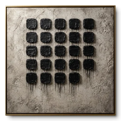 Grid of 25 raised black plaster tiles with dripping edges on a weathered stone-textured beige ground, gold floater frame