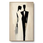 Minimalist painting of a couple, woman in white silhouette dress and man in black suit, cream ground, natural wood frame