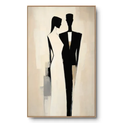 Minimalist painting of a couple, woman in white silhouette dress and man in black suit, cream ground, natural wood frame