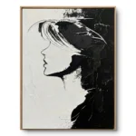 Textured painting of a profile face silhouette in black and white with windblown gestural hair strokes, natural wood frame