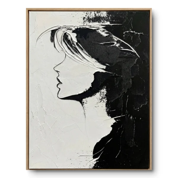 Textured painting of a profile face silhouette in black and white with windblown gestural hair strokes, natural wood frame