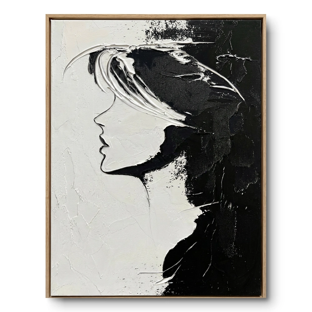 modern-monochrome-visage-bold-gestural-portrait-painting-color-art-monavo-processed Textured painting of a profile face silhouette in black and white with windblown gestural hair strokes, natural wood frame