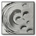 Textured painting of several overlapping circular grey-white swirl patterns, black frame