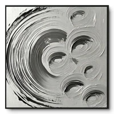 Textured painting of several overlapping circular grey-white swirl patterns, black frame