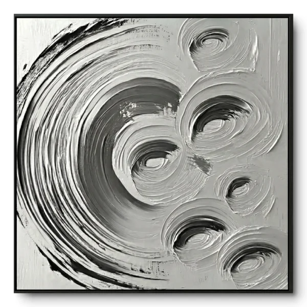 Textured painting of several overlapping circular grey-white swirl patterns, black frame