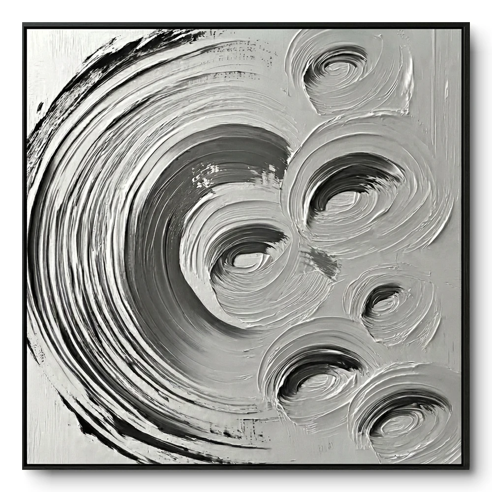 Textured painting of several overlapping circular grey-white swirl patterns, black frame