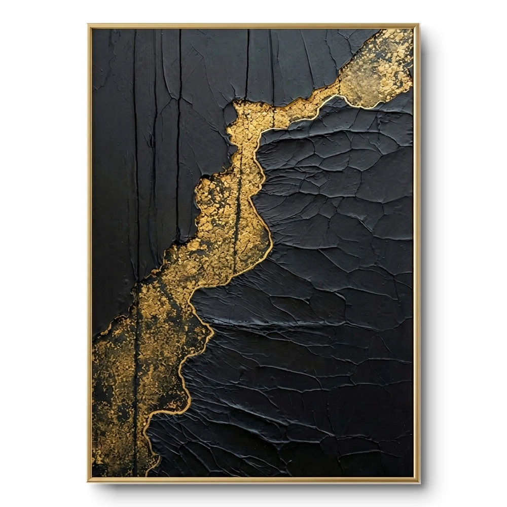 Textured painting of a branching gold vein through cracked black texture with wood-grain striations, gold thin frame
