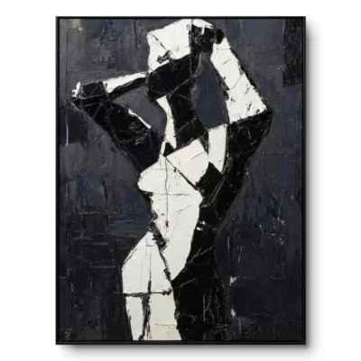 Cubist painting of a figure with a raised arm fractured into black, white and grey diamond-pattern blocks, black frame