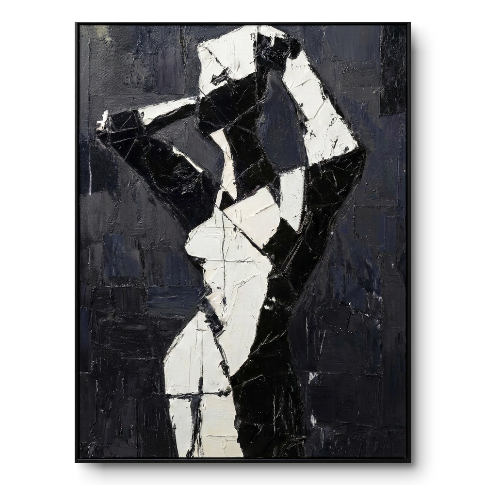 Cubist painting of a figure with a raised arm fractured into black, white and grey diamond-pattern blocks, black frame