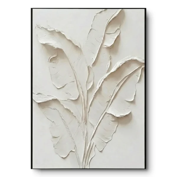 All-white plaster relief of banana leaf fronds, black thin frame