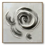 Textured painting of a single large white spiral with thin black accent lines, natural wood frame