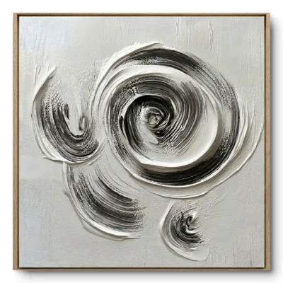 Textured painting of a single large white spiral with thin black accent lines, natural wood frame