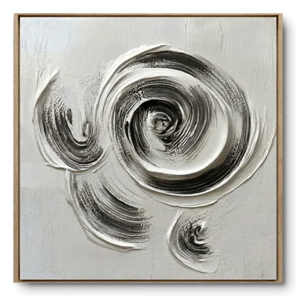 Textured painting of a single large white spiral with thin black accent lines, natural wood frame