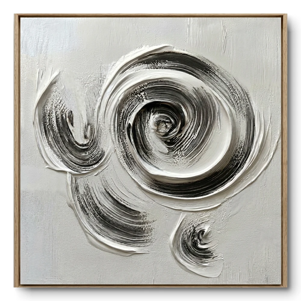 monochrome-vortex-flow-textured-black-white-impasto-spiral-contemporary-minimal-art-monavo-processed Textured painting of a single large white spiral with thin black accent lines, natural wood frame