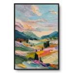 Textured painting of rolling green hills with pink, orange and yellow patches under a pastel pink-lavender sky, black frame