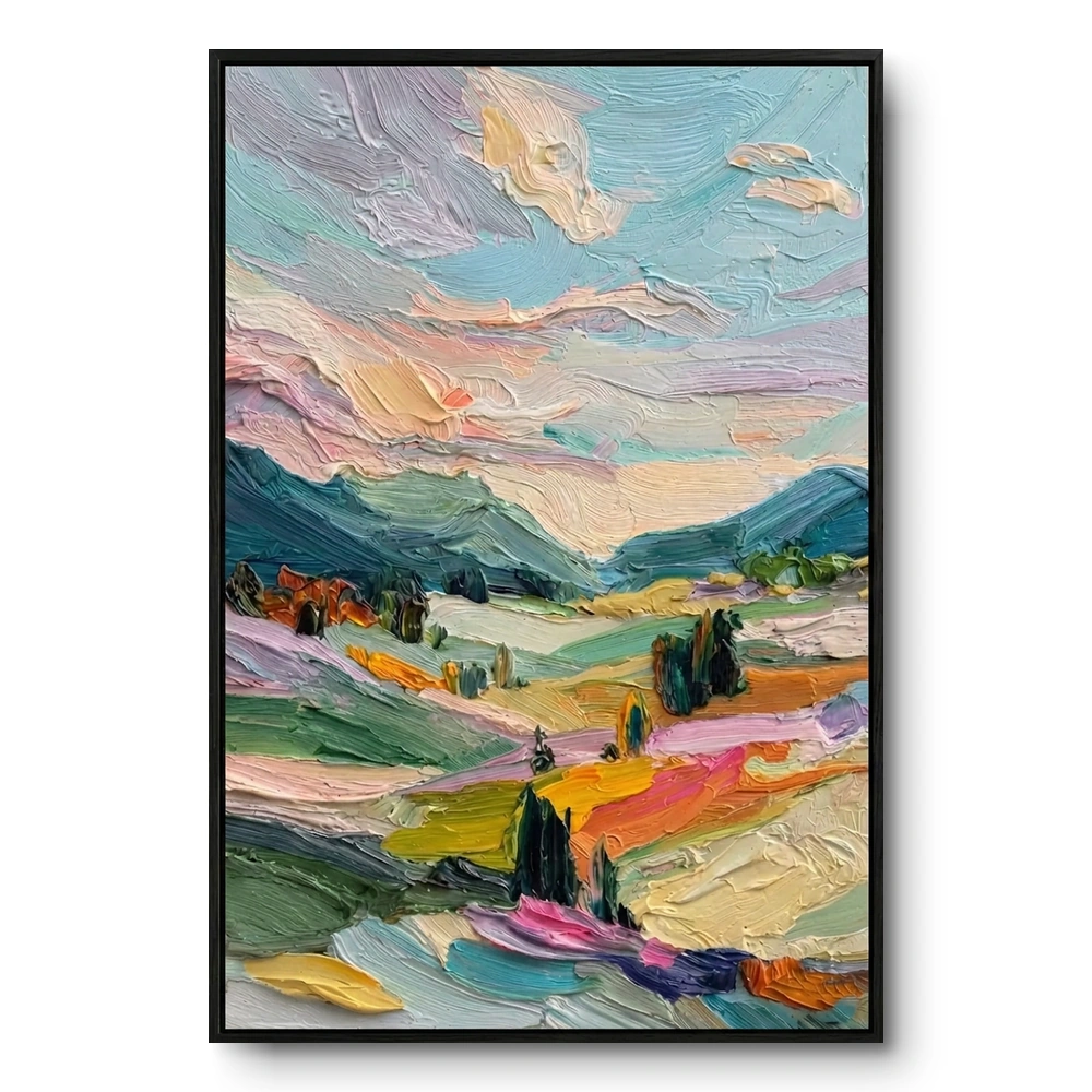Textured painting of rolling green hills with pink, orange and yellow patches under a pastel pink-lavender sky, black frame