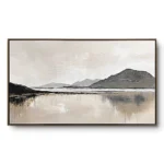 Realist minimalist painting of mountains reflected in still grey-beige water with fine drip marks, walnut thin frame, panoramic