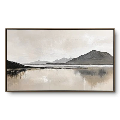 Realist minimalist painting of mountains reflected in still grey-beige water with fine drip marks, walnut thin frame, panoramic
