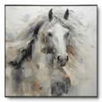 Realist greyscale painting of a horse's head with flowing mane brushstrokes, thin grey frame