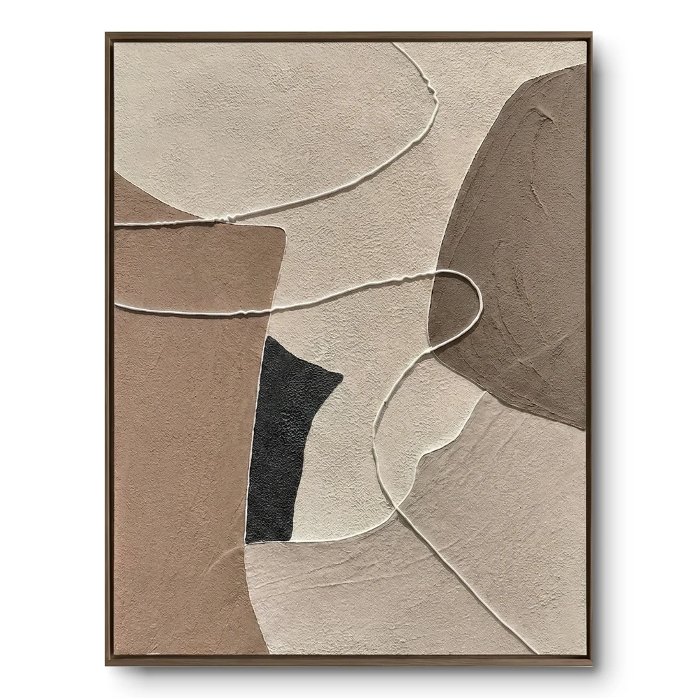 Muted neutral plaster canvas with a looping clay-toned form in wabi-sabi style