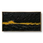 Textured painting of a black ocean with a horizontal gold splash band and scattered gold speckles, gold thin frame, panoramic