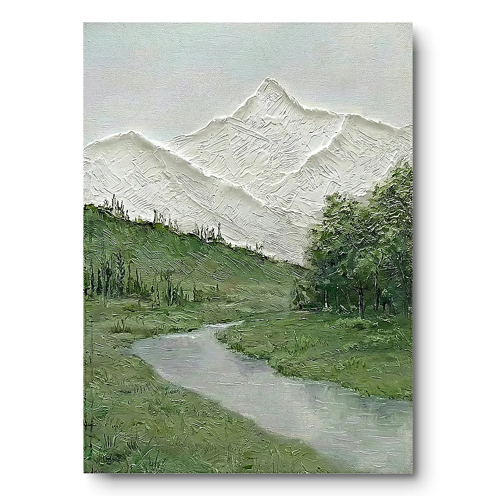 Textured painting of white relief mountains above a green valley with a winding stream and pine trees, light wood frame
