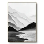 Minimalist painting of layered mountain silhouettes fading from black to grey with a winding white river, gold thin frame