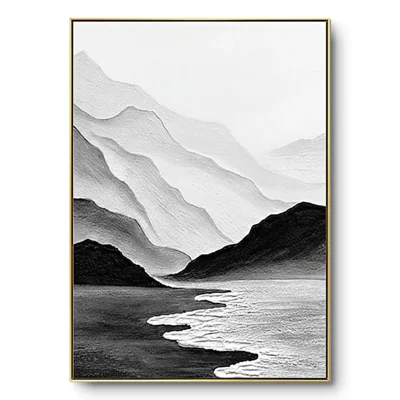 Minimalist painting of layered mountain silhouettes fading from black to grey with a winding white river, gold thin frame